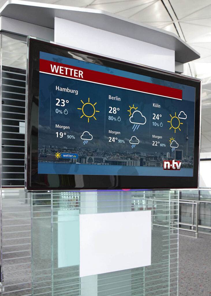Ein Monitor mit dem Wetterbericht von NTV